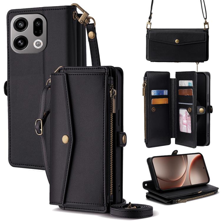 Black leather phone wallet case with zipper, card slots, and crossbody lanyard strap
