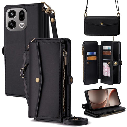 Black leather phone wallet case with zipper, card slots, and crossbody lanyard strap