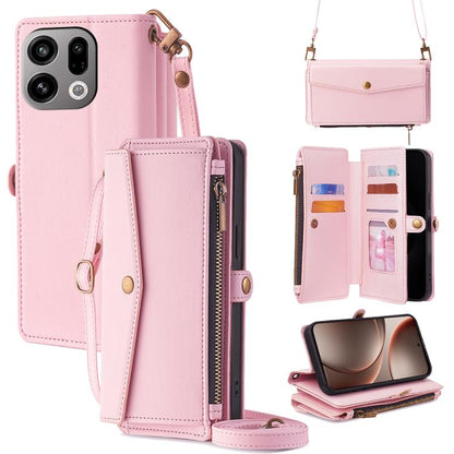 Pink leather phone wallet case with zipper, card slots, and crossbody lanyard strap