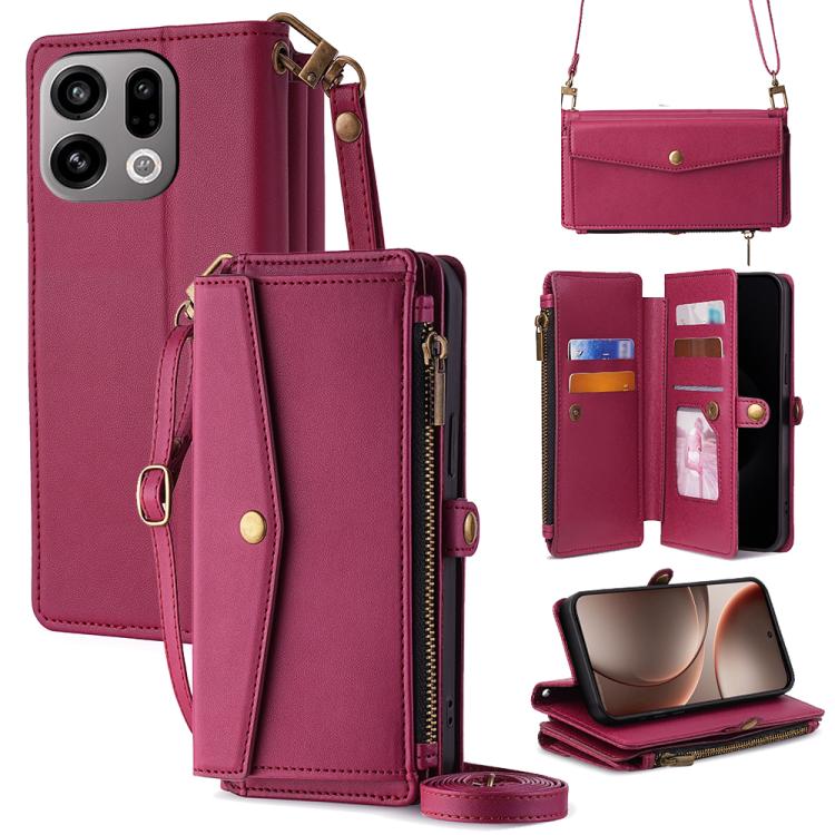 Burgundy leather phone wallet case with zipper, card slots, and crossbody lanyard strap