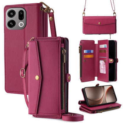 Burgundy leather phone wallet case with zipper, card slots, and crossbody lanyard strap