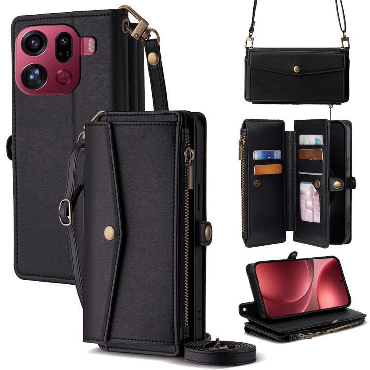 Black leather phone wallet case with zipper, card slots, and crossbody lanyard strap