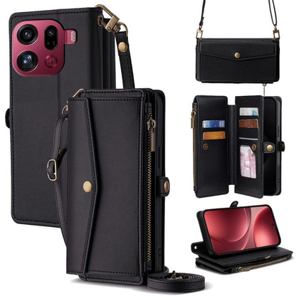 Black leather phone wallet case with zipper, card slots, and crossbody lanyard strap