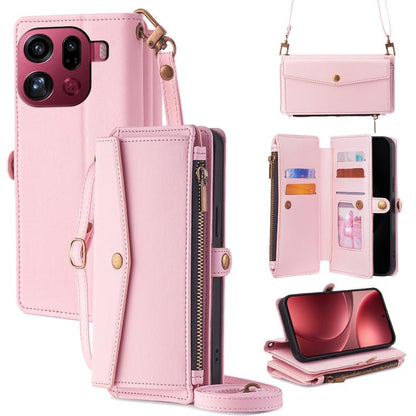 Pink leather phone wallet case with zipper, card slots, and crossbody lanyard strap