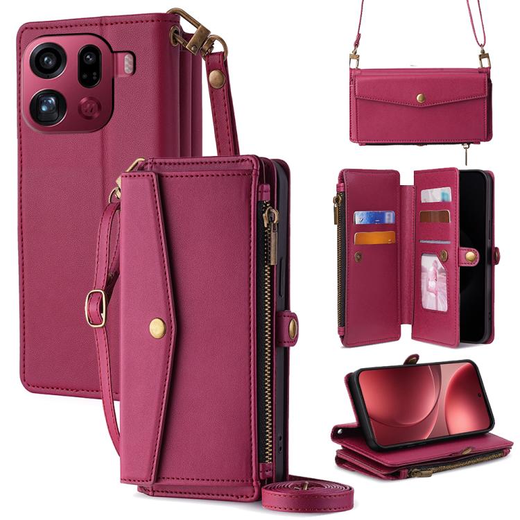 Leather phone wallet case with crossbody lanyard, side zipper, card slots; magenta.