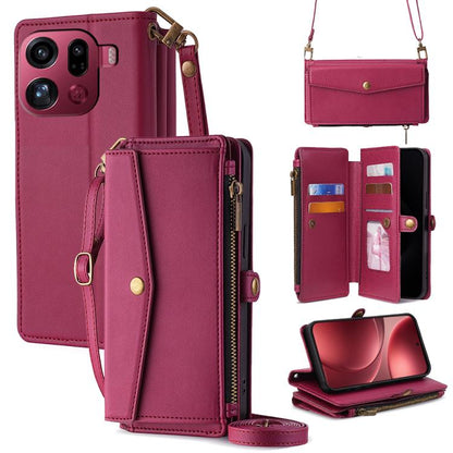 Leather phone wallet case with crossbody lanyard, side zipper, card slots; magenta.