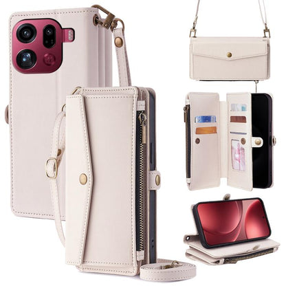 Leather phone wallet case with crossbody lanyard, side zipper, card slots; white.