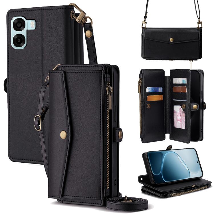 Leather phone wallet case with zipper, side buckle strap, card slots and crossbody lanyard.