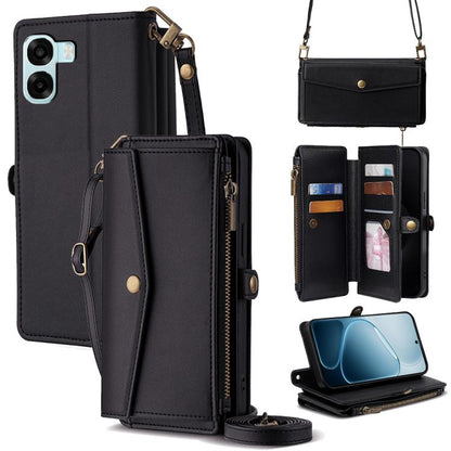 Leather phone wallet case with zipper, side buckle strap, card slots and crossbody lanyard.