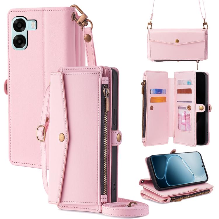 Leather phone wallet case with zipper, side buckle strap, card slots and crossbody lanyard.
