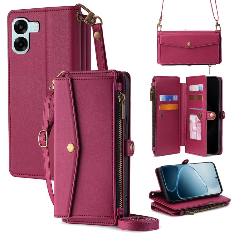Leather phone wallet case with zipper, side buckle strap, card slots and crossbody lanyard.