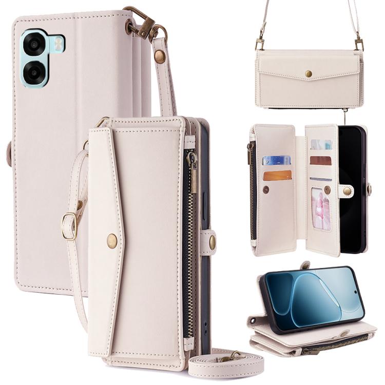 Leather phone wallet case with zipper, side buckle strap, card slots and crossbody lanyard.