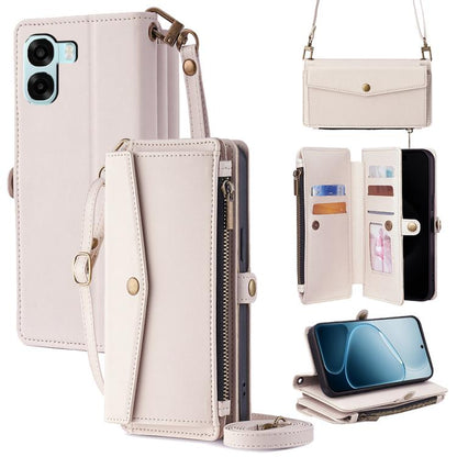 Leather phone wallet case with zipper, side buckle strap, card slots and crossbody lanyard.