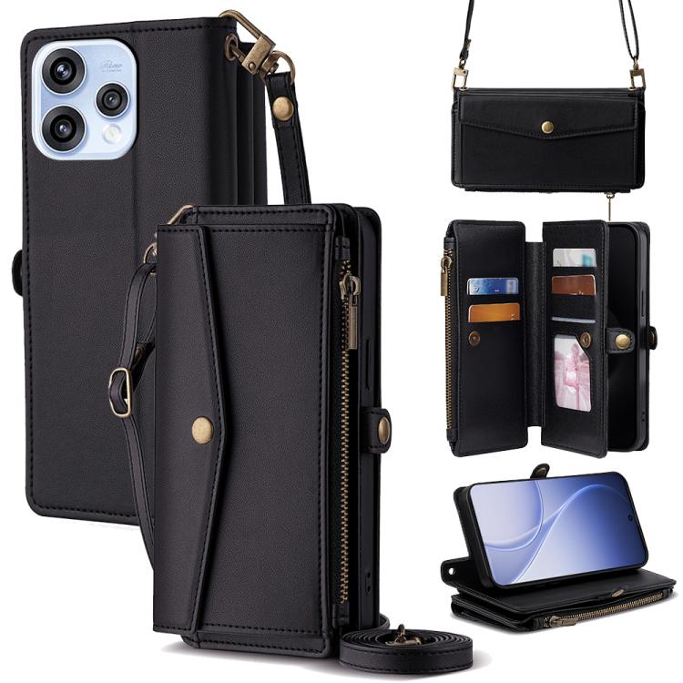 Leather phone wallet case with zipper, side buckle strap, card slots and crossbody lanyard.