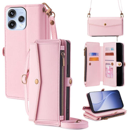 Leather phone wallet case with zipper, side buckle strap, card slots and crossbody lanyard.