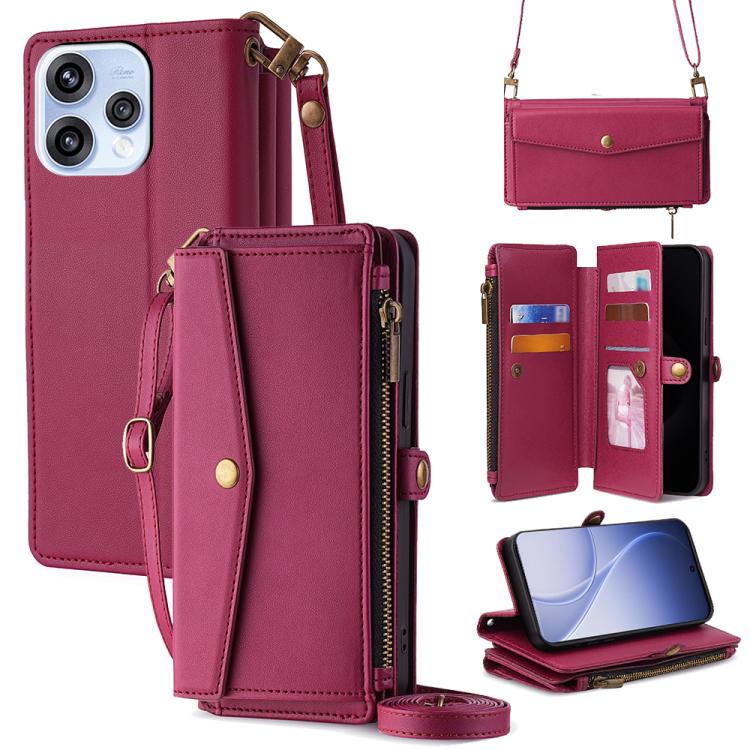 Leather phone wallet case with zipper, side buckle strap, card slots and crossbody lanyard.