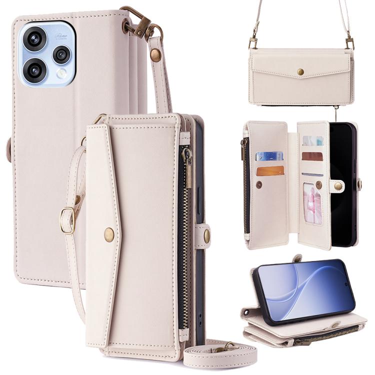 Leather phone wallet case with zipper, side buckle strap, card slots and crossbody lanyard.