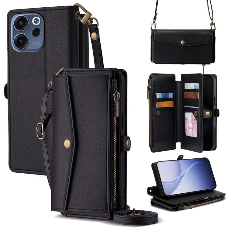 Black leather-look zip wallet phone case with crossbody strap and card compartments