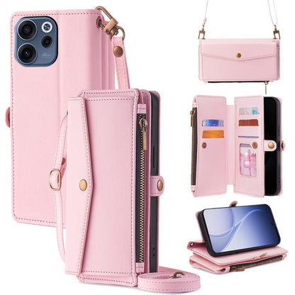 Light pink leather-look zip wallet phone case with crossbody strap and card slots