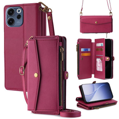 Leather phone wallet case with zipper, side buckle strap, card slots and crossbody lanyard.