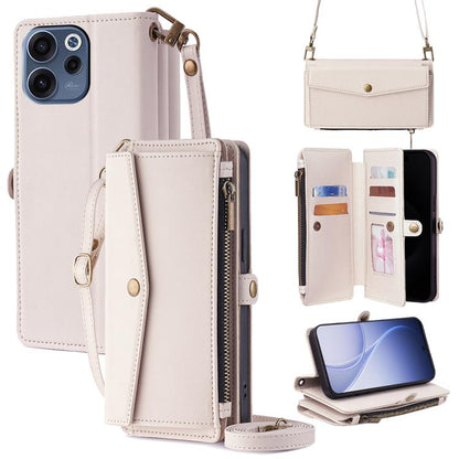 Leather phone wallet case with zipper, side buckle strap, card slots and crossbody lanyard.