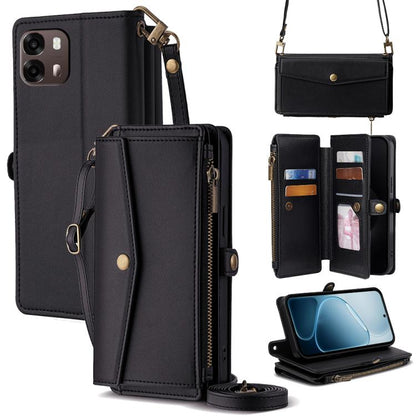 Black leather-look zip wallet phone case with crossbody strap and visible card compartments