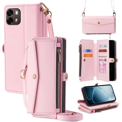 Pink leather-look zip wallet phone case with crossbody strap and front card compartments