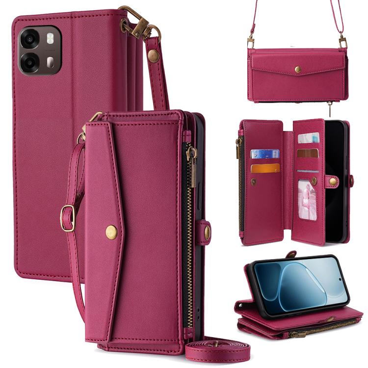 Magenta leather-look zip wallet phone case with crossbody strap and side buckle