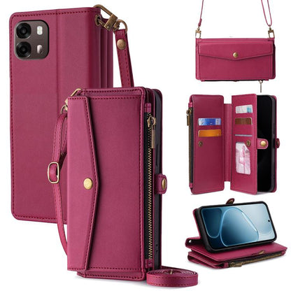 Magenta leather-look zip wallet phone case with crossbody strap and side buckle