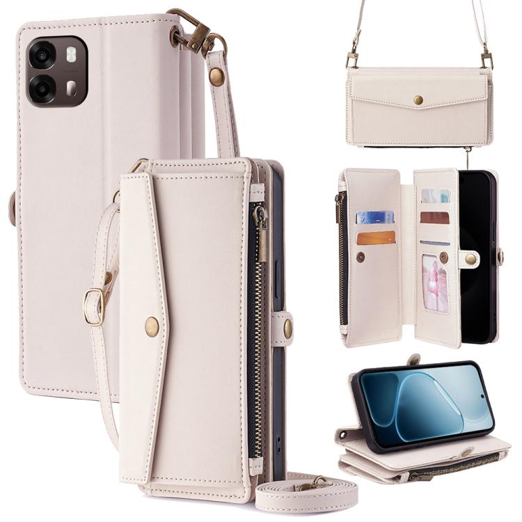 White leather-look zip wallet phone case with crossbody strap and card slots