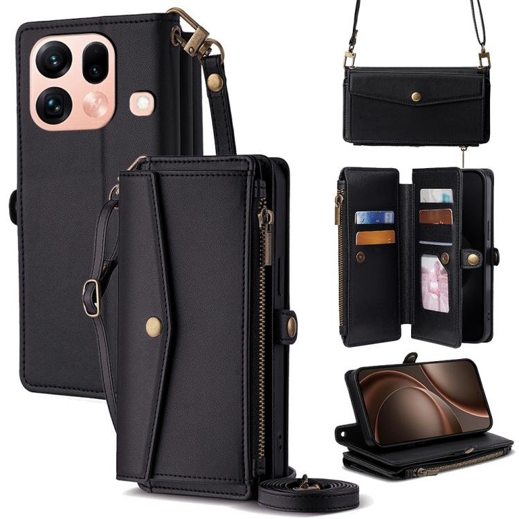 Black leather phone wallet case with zipper, card slots, and crossbody strap