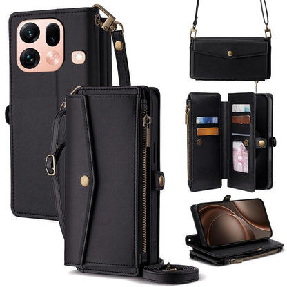 Black leather phone wallet case with zipper, card slots, and crossbody strap