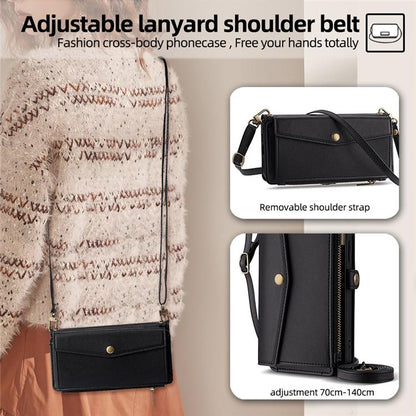 Black leather zip wallet phone case with adjustable lanyard shoulder strap