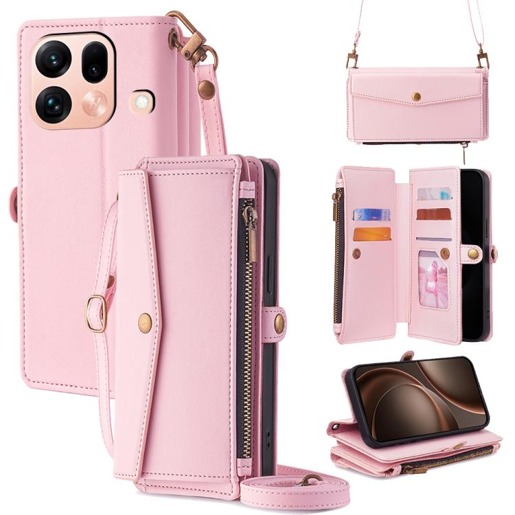 Pink leather phone wallet case with zipper, card slots, and crossbody lanyard strap