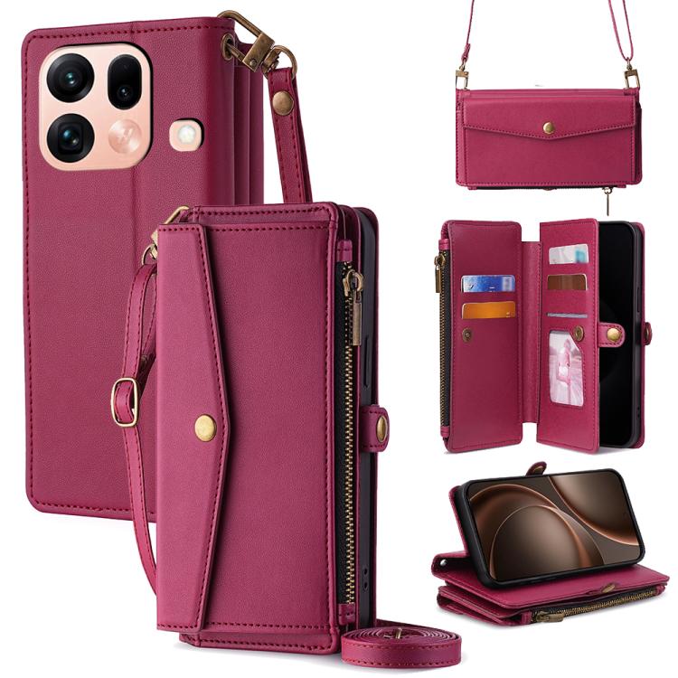 Red leather phone wallet case with zipper, card slots, and crossbody lanyard strap