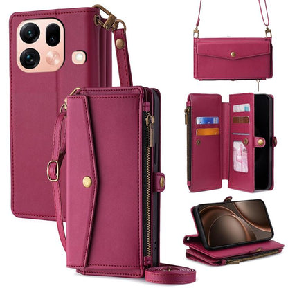 Red leather phone wallet case with zipper, card slots, and crossbody lanyard strap