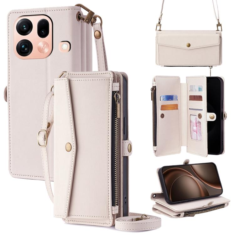 White leather phone wallet case with zipper, card slots, and crossbody lanyard strap