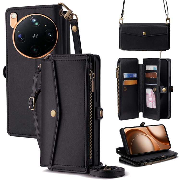 Black leather-look zip wallet phone case with crossbody strap and side buckle