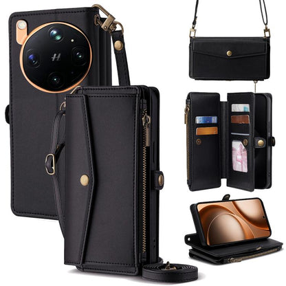 Black leather-look zip wallet phone case with crossbody strap and side buckle
