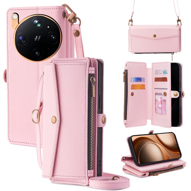 Rose pink leather-look zip wallet phone case with crossbody strap and card slots