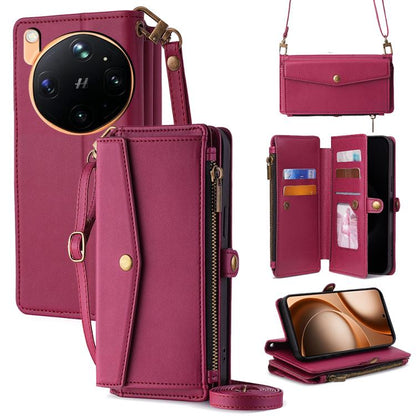 Red leather-look zip wallet phone case with crossbody strap and side buckle