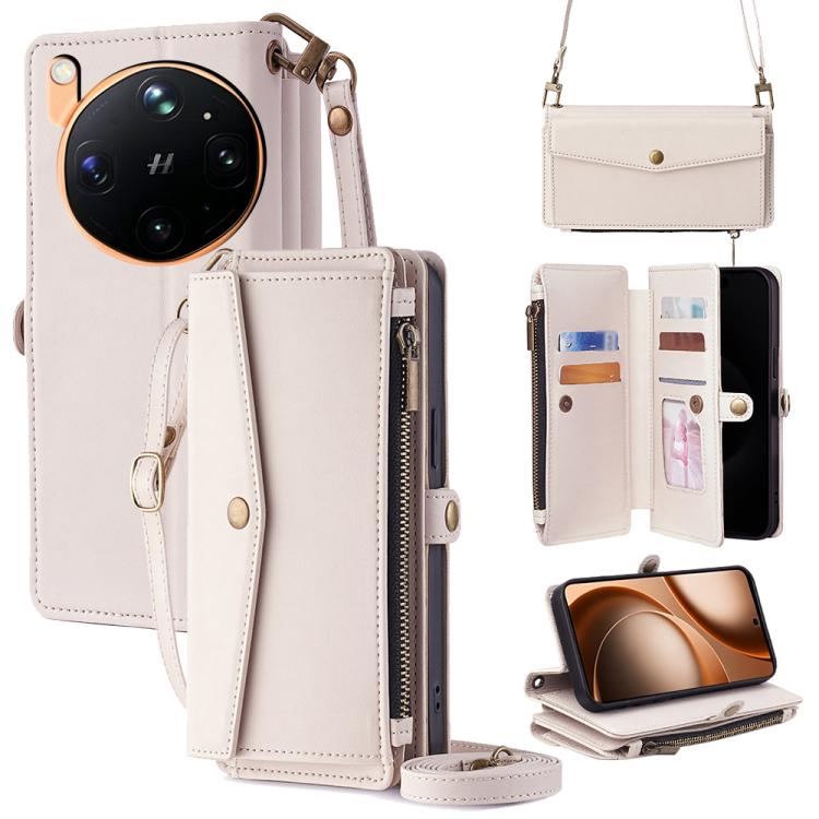 White leather-look zip wallet phone case with crossbody strap and card slots