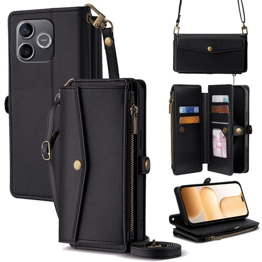 Black leather phone wallet case with zipper and side buckle, crossbody lanyard