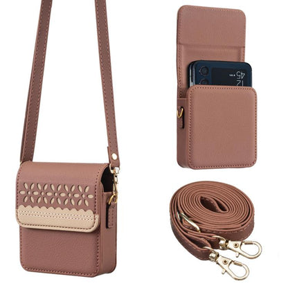 Brown leather crossbody flip phone bag with cutout floral panel and detachable shoulder strap