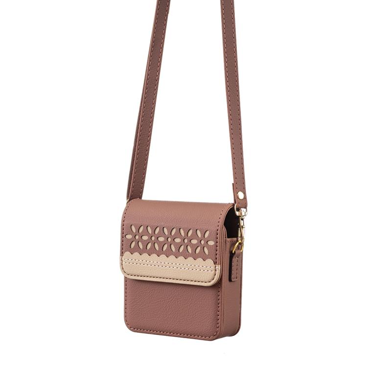 Brown leather crossbody flip phone bag with cutout floral panel and slim shoulder strap