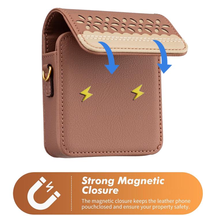 Brown leather flip phone bag showing snap closure with cutout floral front and phone compartment