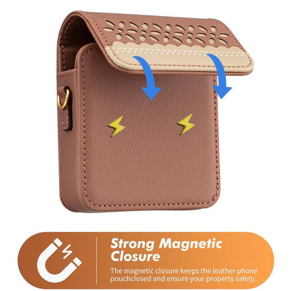 Brown leather flip phone bag showing snap closure with cutout floral front and phone compartment