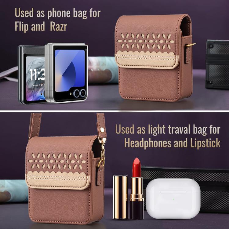Brown leather crossbody flip phone bag with cutout floral front and gold-tone clasp