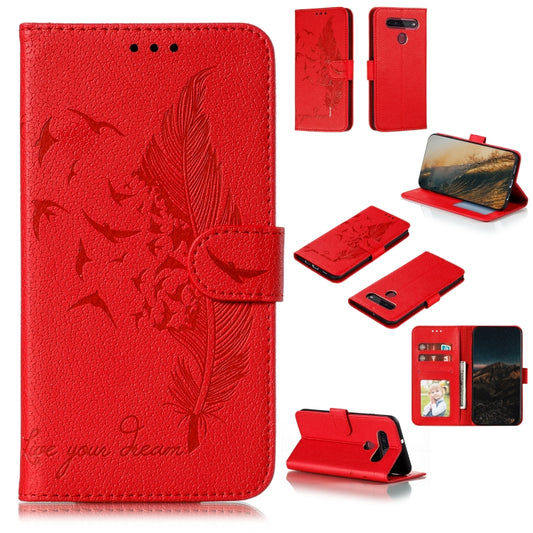 Red leather-look phone case with flip wallet, feather pattern, card slots, magnetic closure