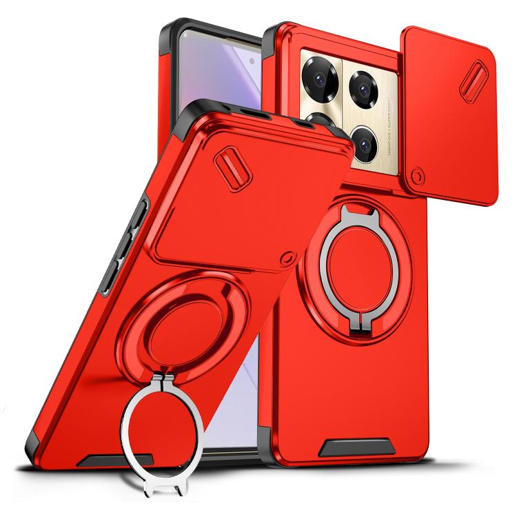Red sliding camshield ring holder phone case with ring kickstand and rear camera openings
